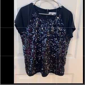 Ann Taylor Loft black sequin shorts sleeve top zip up back petite large PL  Euc